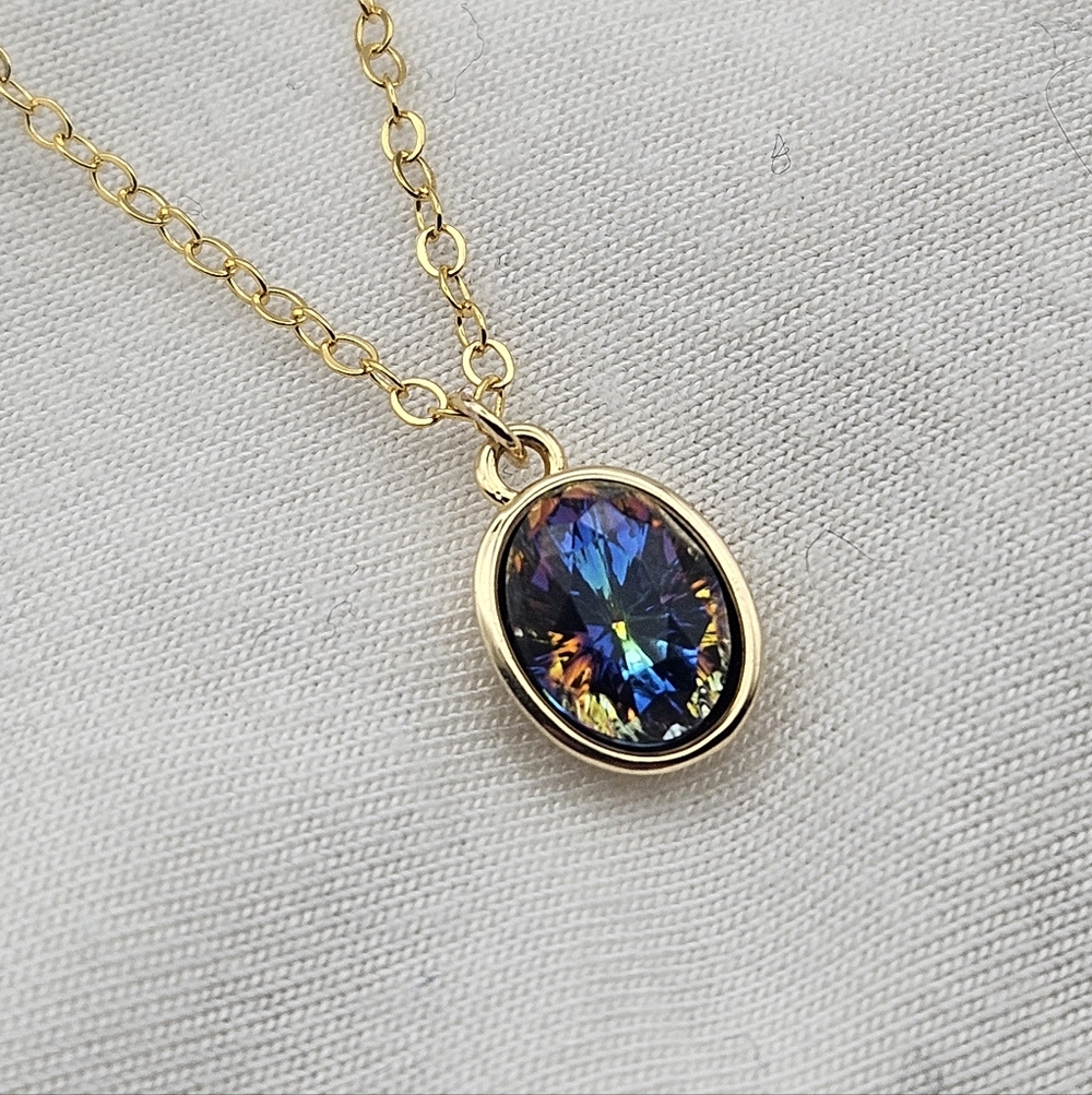 .925 Gold Chain Necklace with Iridescent Blue Pendant
